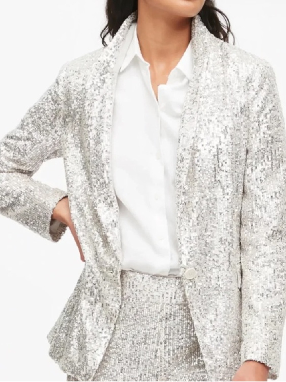 Banana Republic Soft Sequin Blazer in Champagne Silver Drapey Jacket 10
